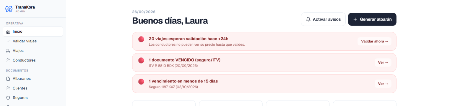 Panel del jefe de TransKora, la app de transporte, viajes y albaranes de Kora Studio