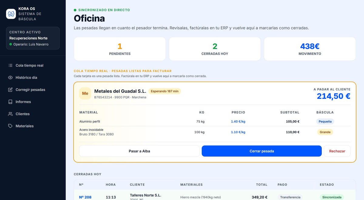 Kora OS: la oficina recibe la pesada de la báscula al momento y la cierra
