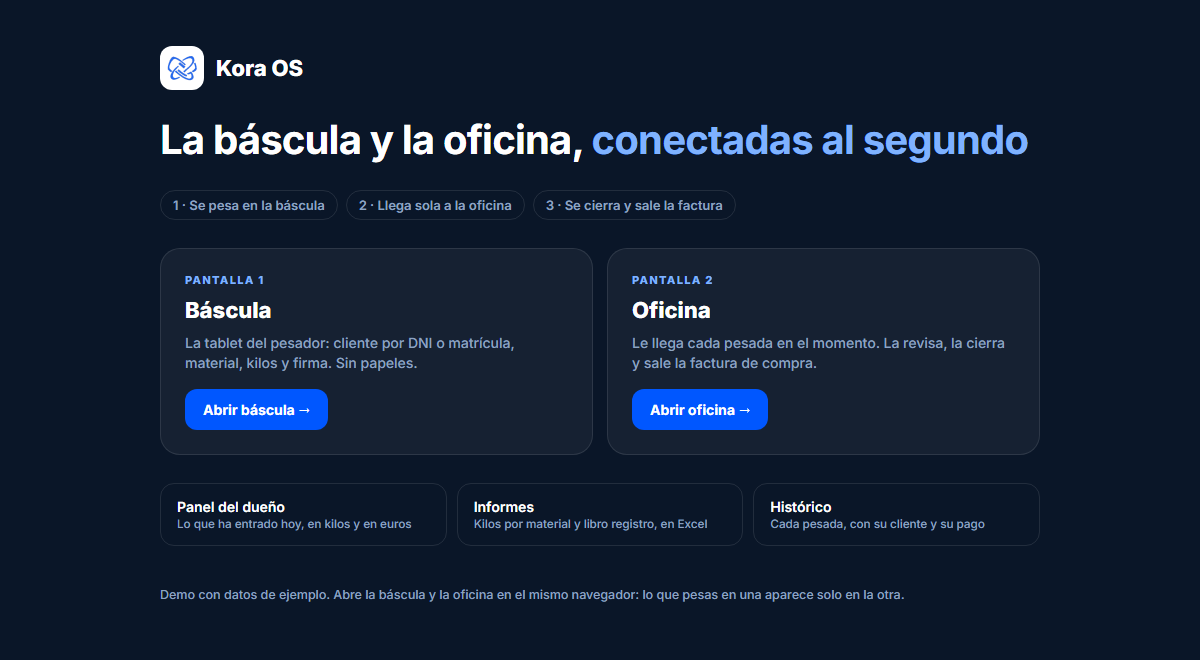 Kora OS, software para chatarrerías: pantalla de báscula y pantalla de oficina conectadas